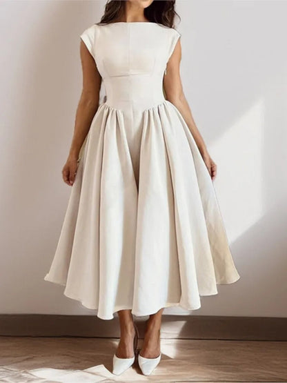 Elegant Midi Dress for Women with Round Neck Sleeveless Pleated Fit and Flare Formal Style