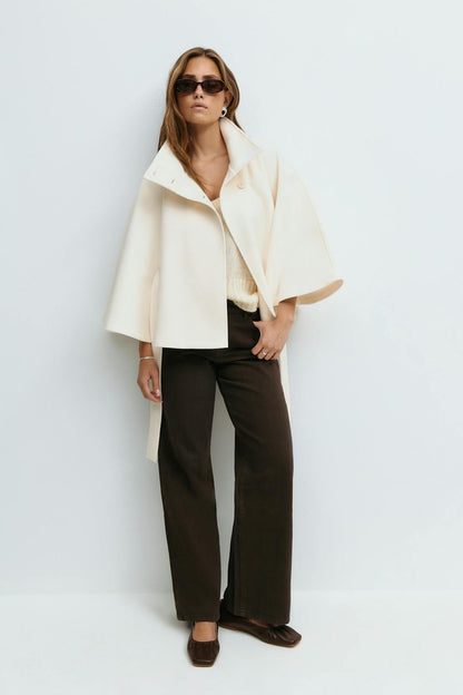 Elegant Wool Jacket for Women with Funnel Neck Batwing Sleeve Belted Cape Style