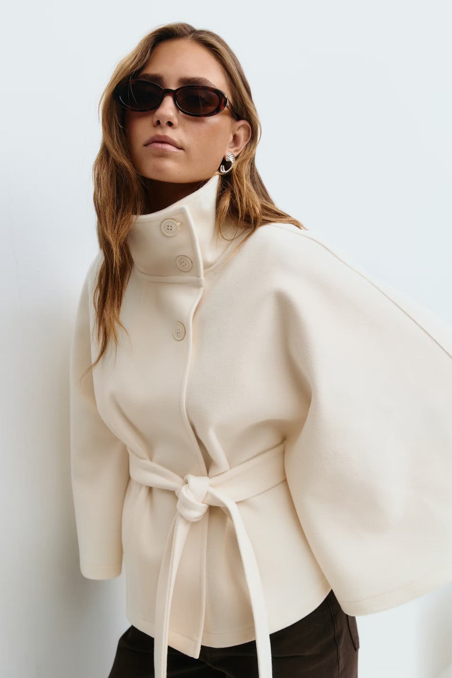Elegant Wool Jacket for Women with Funnel Neck Batwing Sleeve Belted Cape Style