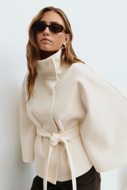 Elegant Wool Jacket for Women with Funnel Neck Batwing Sleeve Belted Cape Style