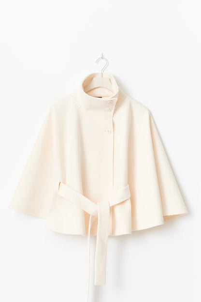 Elegant Wool Jacket for Women with Funnel Neck Batwing Sleeve Belted Cape Style
