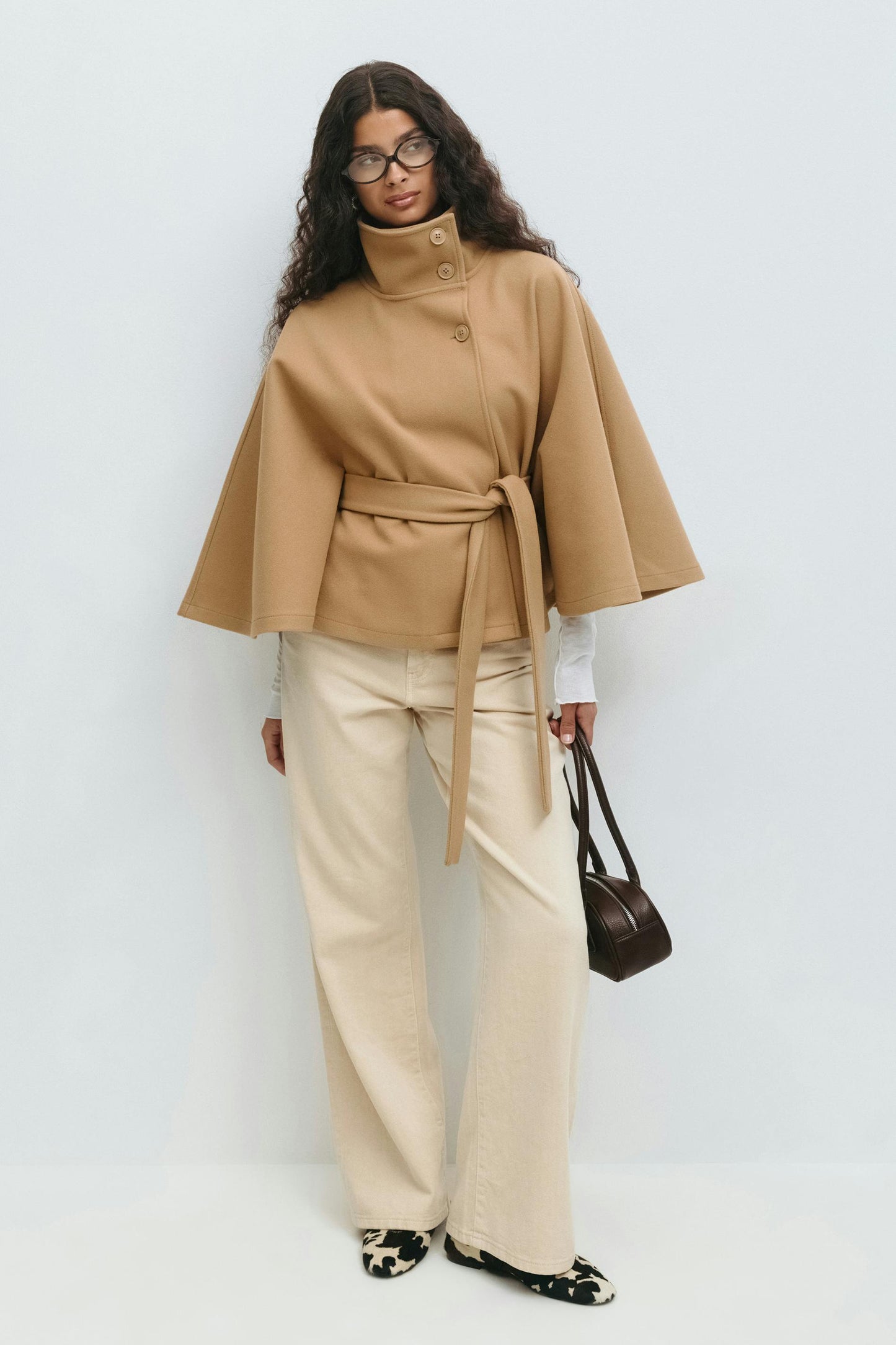 Elegant Wool Jacket for Women with Funnel Neck Batwing Sleeve Belted Cape Style