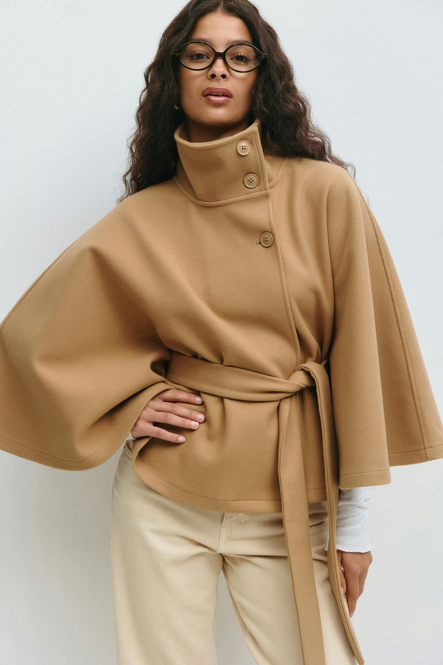 Elegant Wool Jacket for Women with Funnel Neck Batwing Sleeve Belted Cape Style