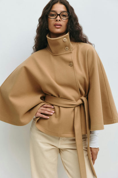 Elegant Wool Jacket for Women with Funnel Neck Batwing Sleeve Belted Cape Style
