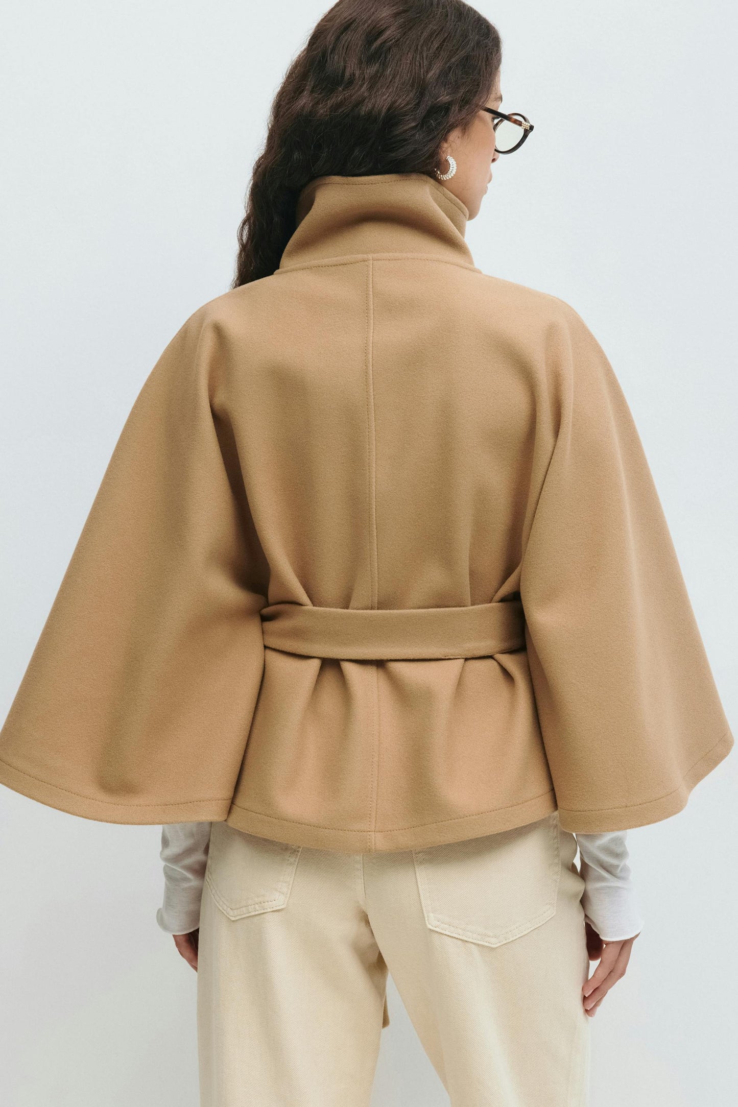 Elegant Wool Jacket for Women with Funnel Neck Batwing Sleeve Belted Cape Style