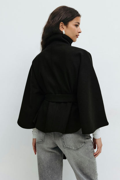 Elegant Wool Jacket for Women with Funnel Neck Batwing Sleeve Belted Cape Style