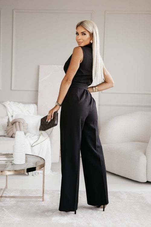 Elegant Wide Leg Jumpsuit for Women with Shawl Collar Sleeveless Wrap Belted Formal Style