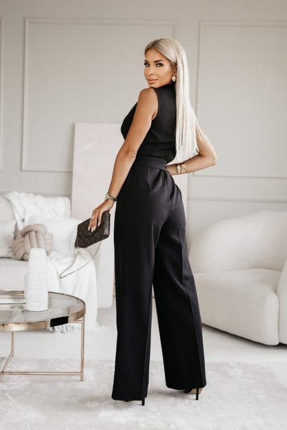 Elegant Wide Leg Jumpsuit for Women with Shawl Collar Sleeveless Wrap Belted Formal Style