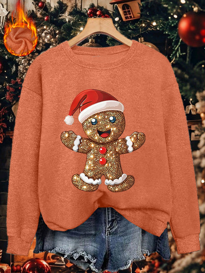 Comfortable Gingerbread Print Christmas Tacky Sweater for Women with Crew Neck Long Sleeve Sequin Graphic Pullover Style