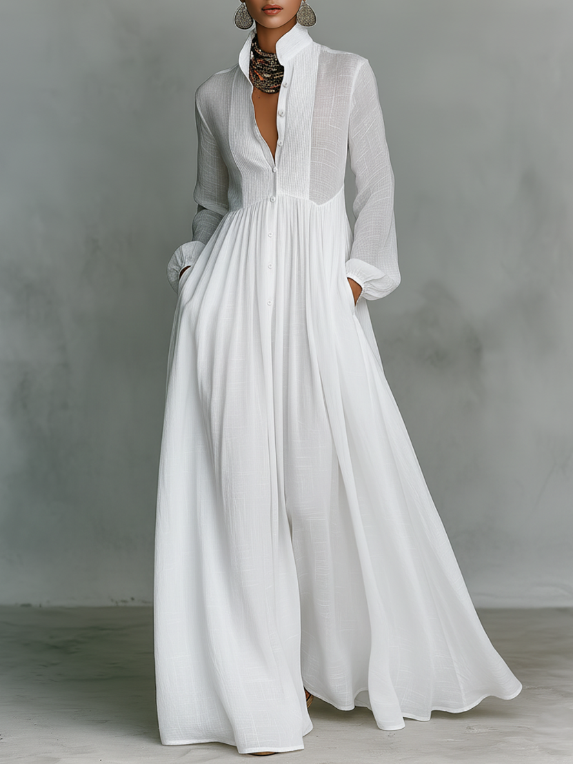 Effortless Linen Maxi Dress for Women with Stand Collar Button Front Long Sleeve Flowing Casual Style