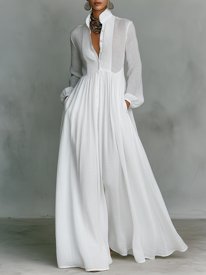 Effortless Linen Maxi Dress for Women with Stand Collar Button Front Long Sleeve Flowing Casual Style
