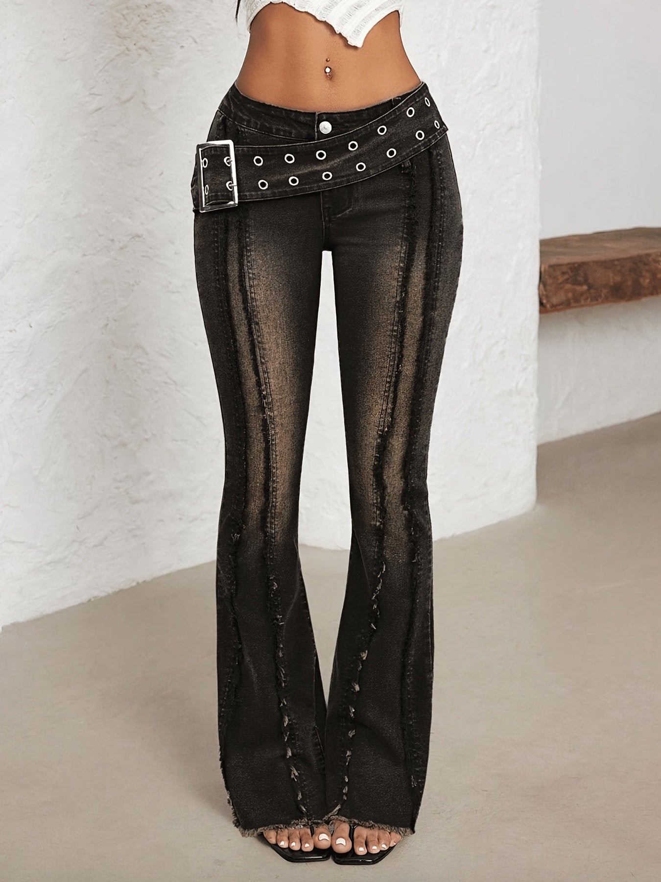 Effortless Distressed Denim Buckle Jeans for Women with Low Rise Grommet Waist Flare Frayed Hem Style