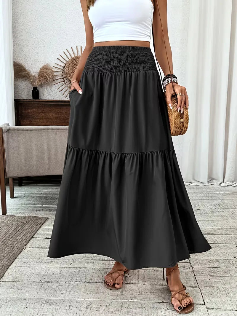 Effortless Tiered Maxi Skirt for Women with High Waist Smocked Flowing Boho Style