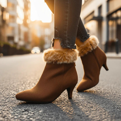 Chic Suede Fur Boots for Women with Pointed Toe Kitten Heel Cozy Winter Style