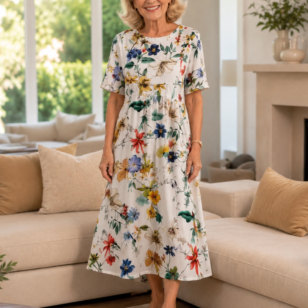 Effortless Floral Midi Dress for Women with Round Neck Elbow Sleeve Empire Waist Flowing Style