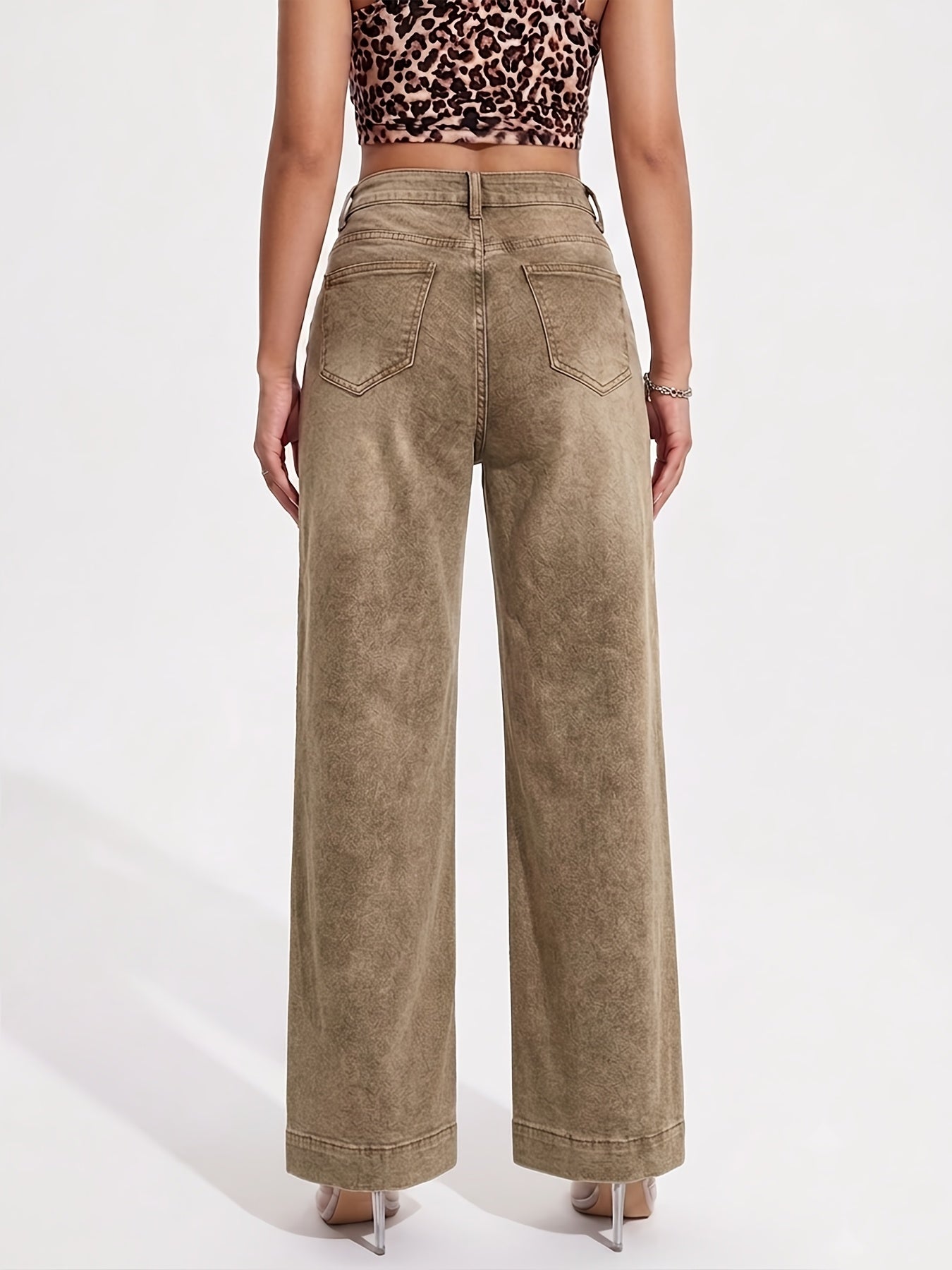 Effortless Brown Wash Flare Jeans for Women with High Waist Button Front Pocket Detail Relaxed Style