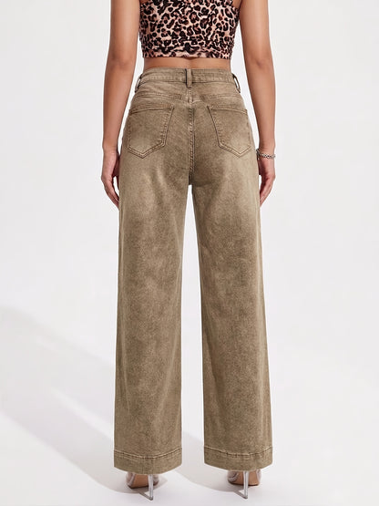 Effortless Brown Wash Flare Jeans for Women with High Waist Button Front Pocket Detail Relaxed Style