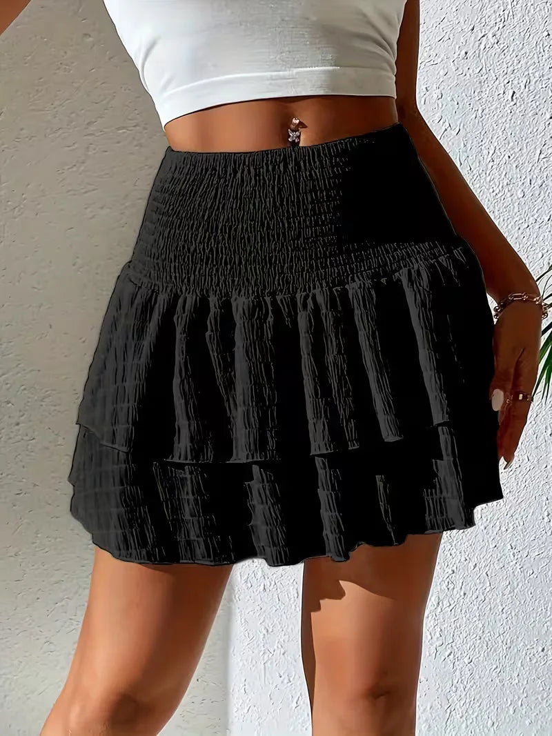 Effortless Tiered Mini Skirt for Women with Smocked High Waist Ruffle Layered Style