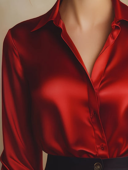 Elegant Satin Long Sleeve Shirt for Women with Collar Button Front Relaxed Silky Style