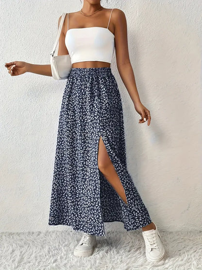 Effortless Blue Floral Maxi Skirt for Women with High Waist Side Slit Flowing Bohemian Style