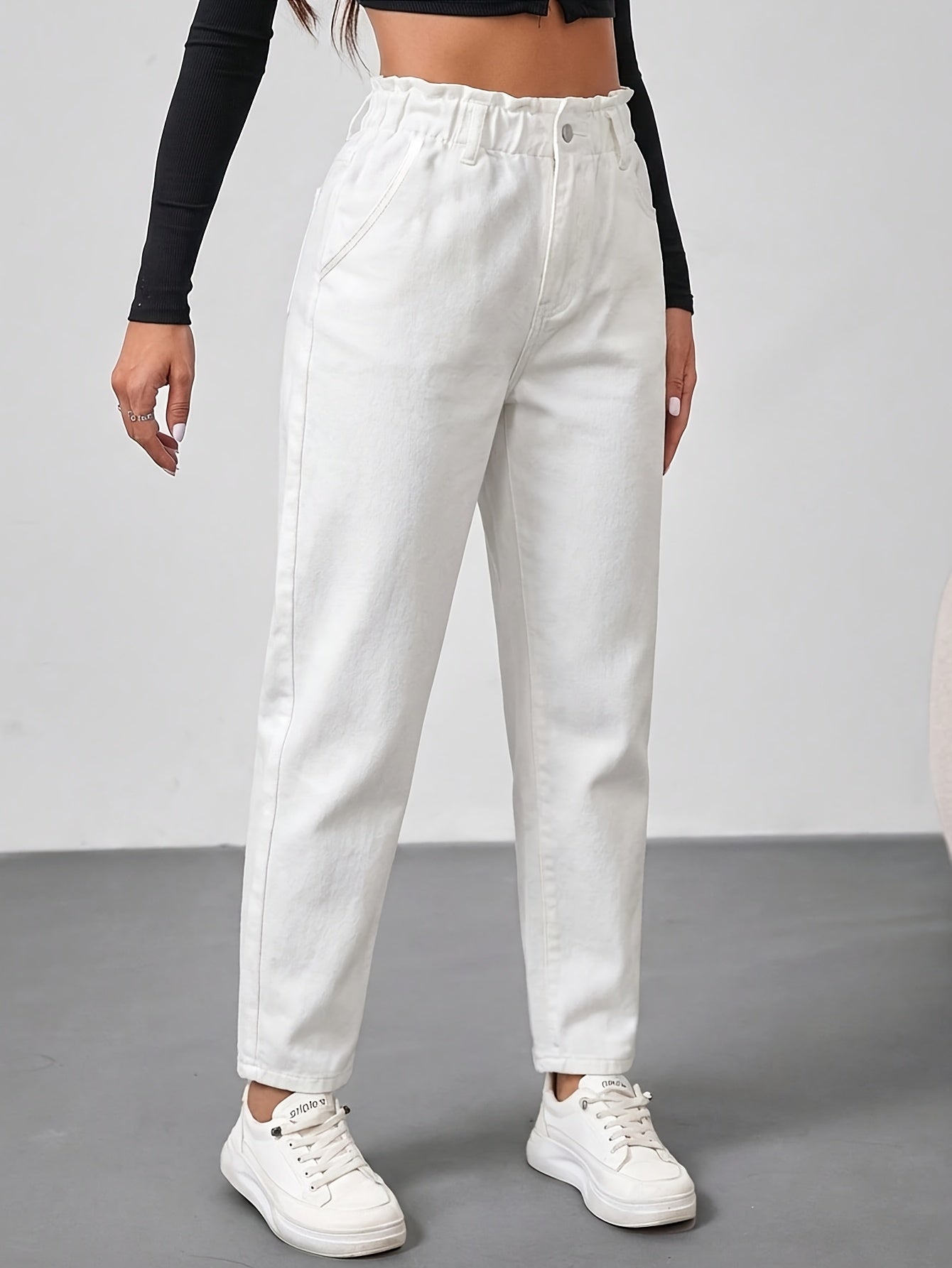 Effortless White Jeans for Women with Paperbag Waist Tapered Ankle Length Casual Style