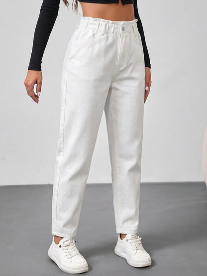 Effortless White Jeans for Women with Paperbag Waist Tapered Ankle Length Casual Style
