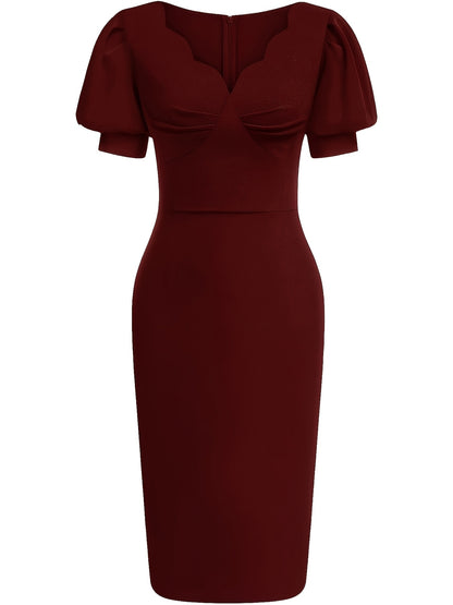 Elegant Cocktail Dress for Women with Scalloped V Neck Puff Sleeve Bodycon Knee Length Party Style