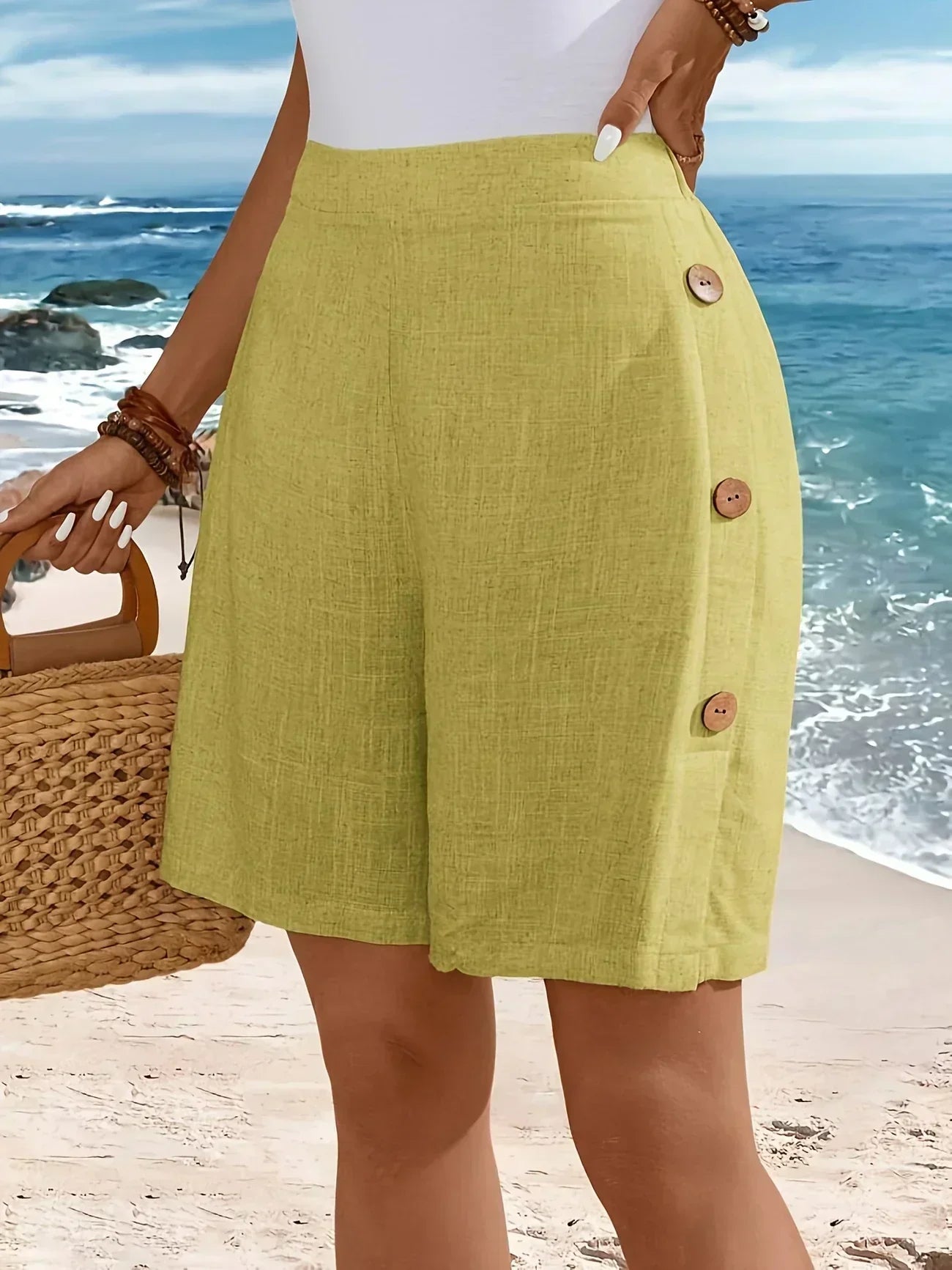 Effortless Linen Shorts for Women with High Waist Button Front Relaxed Bermuda Style
