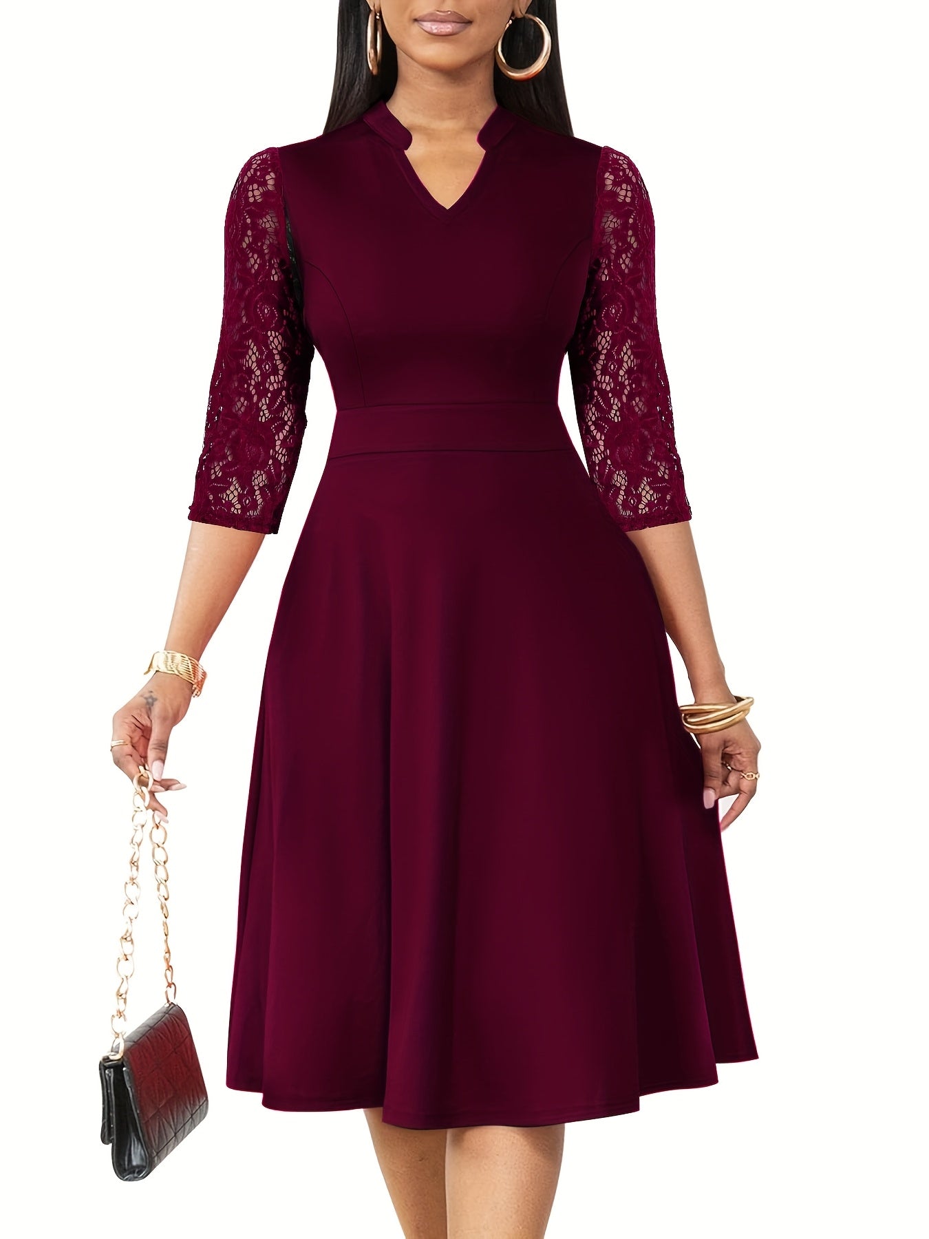 Elegant Lace Christmas Party Dress for Women with Notched Neck Three Quarter Sleeve Fit Flare Cocktail Style