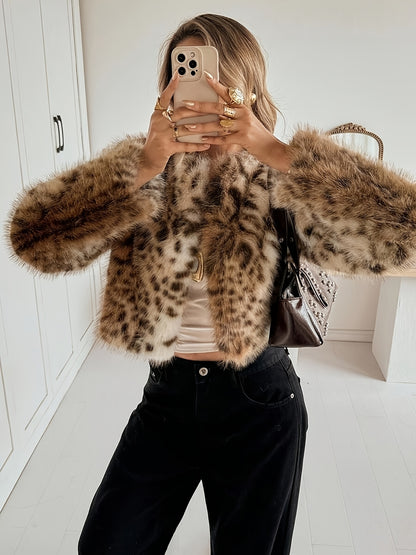 Chic Leopard Print Flurry Coat for Women with Round Neck Cropped Faux Fur Plush Warm Winter Style