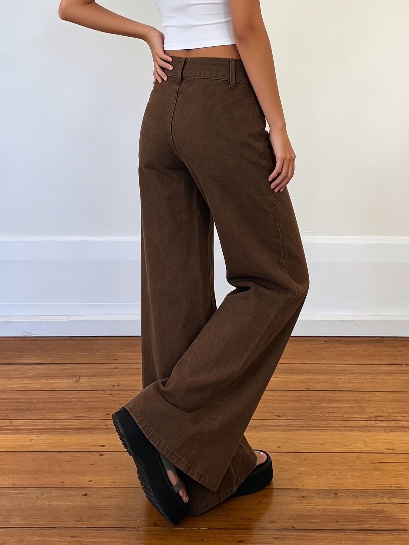 Effortless Dark Brown Buckle Jeans for Women with Low Rise Wide Leg Belted Relaxed Style