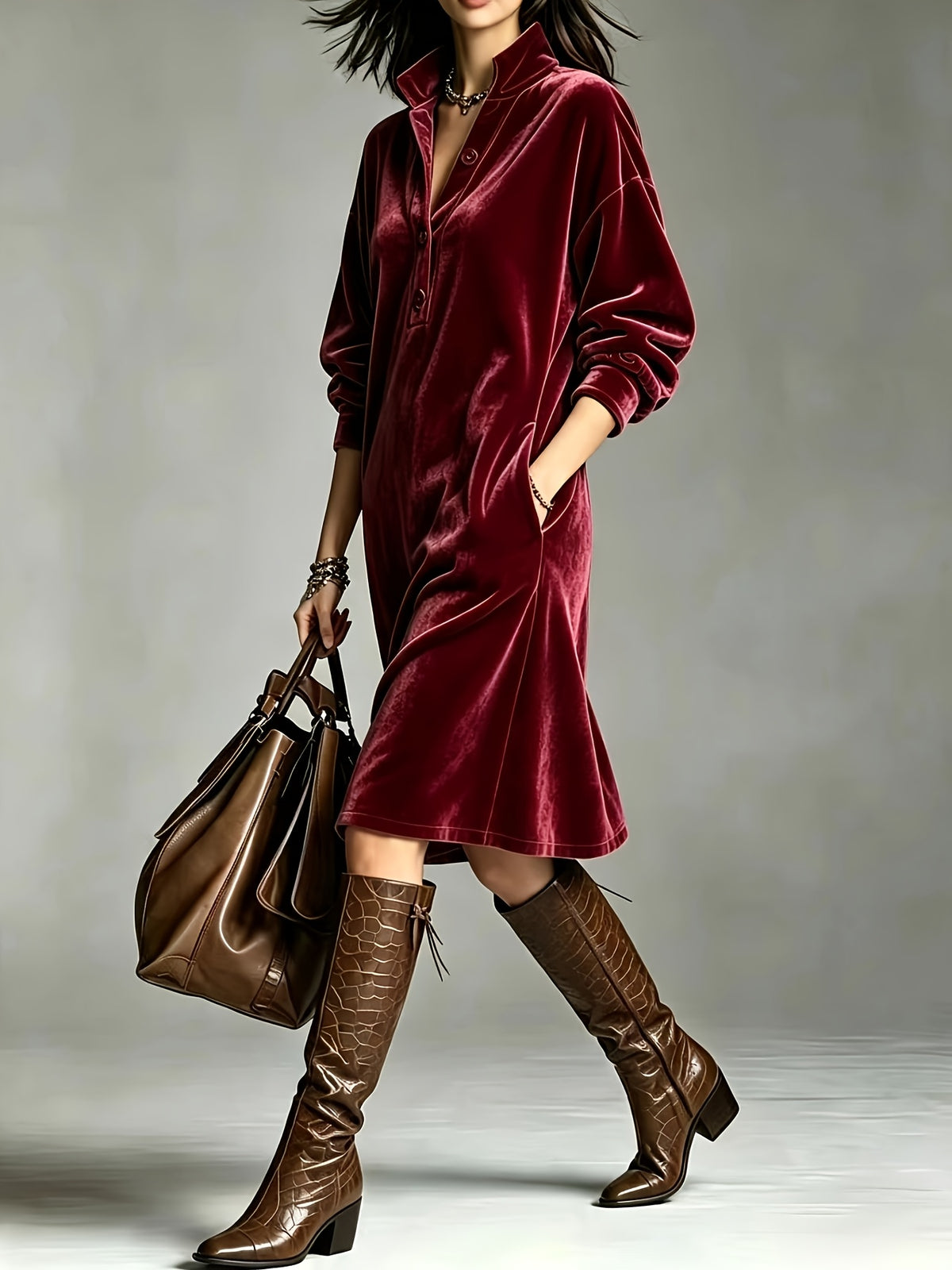 Chic Velvet Long Sleeve Midi Dress for Women with Collared Neck Button Front Relaxed Fit Style
