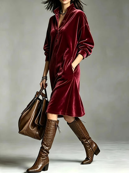 Chic Velvet Long Sleeve Midi Dress for Women with Collared Neck Button Front Relaxed Fit Style