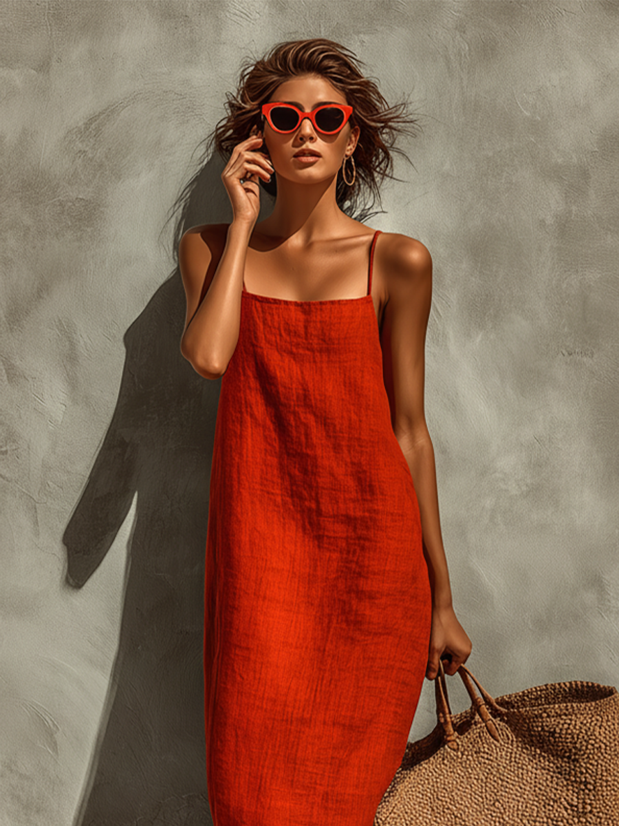 Effortless Red Dress for Women with Spaghetti Strap Square Neck Linen Midi Casual Summer Style