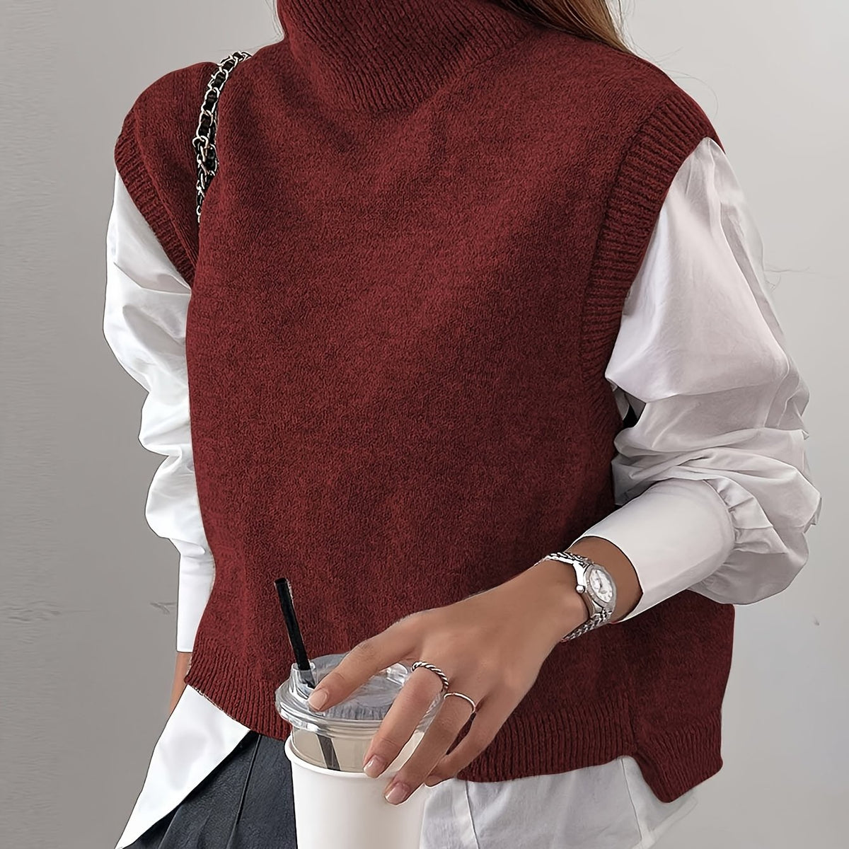 Cozy Sleeveless Turtleneck Vest for Women with High Neck Ribbed Knit Side Slit Style