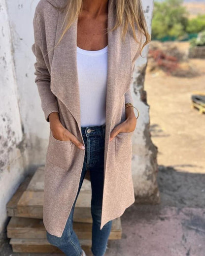 Effortless Fleece Jacket for Women with Waterfall Collar Long Sleeve Open Front Longline Style