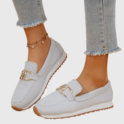 Comfortable Orthopedic Loafers for Women with Gold Horsebit Detail Mesh Knit Slip On Platform Style