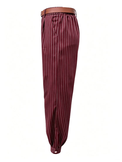 Elegant Black Pinstripe Chino Pants for Women with High Waist Pleated Cuffed Wide Leg Style