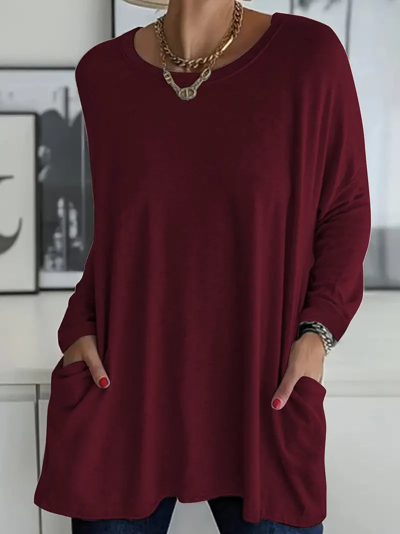 Effortless Black Tunic Top for Women with Round Neck Long Sleeve Oversized Pocket Casual Style