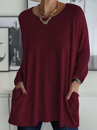 Effortless Black Tunic Top for Women with Round Neck Long Sleeve Oversized Pocket Casual Style