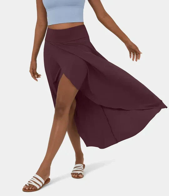 Effortless Wrap Maxi Skirt for Women with High Waist Asymmetrical Hem Slit Flowing Style
