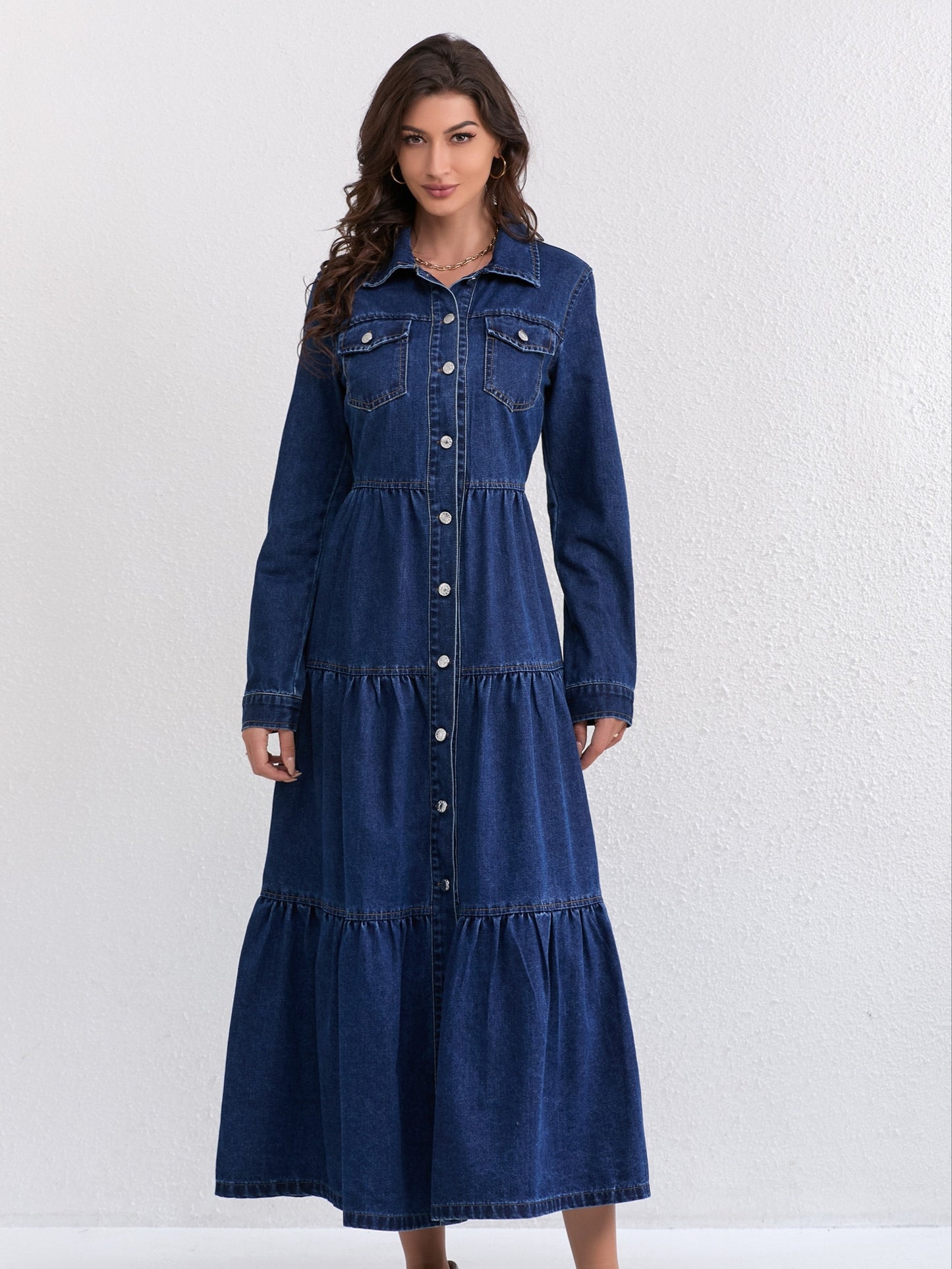 Effortless Blue Denim Dress for Women with Collar Long Sleeve Button Front Tiered Maxi Style