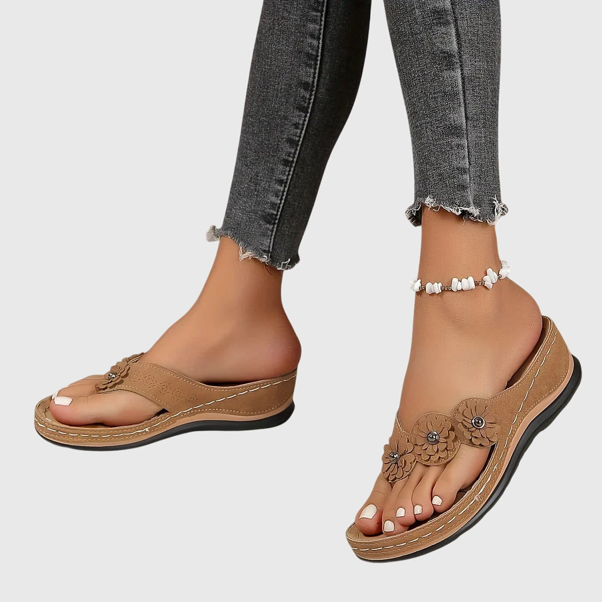 Comfortable Orthopedic Flip Flops for Women with Flower Detail Toe Loop Wedge Platform Casual Sandal Style