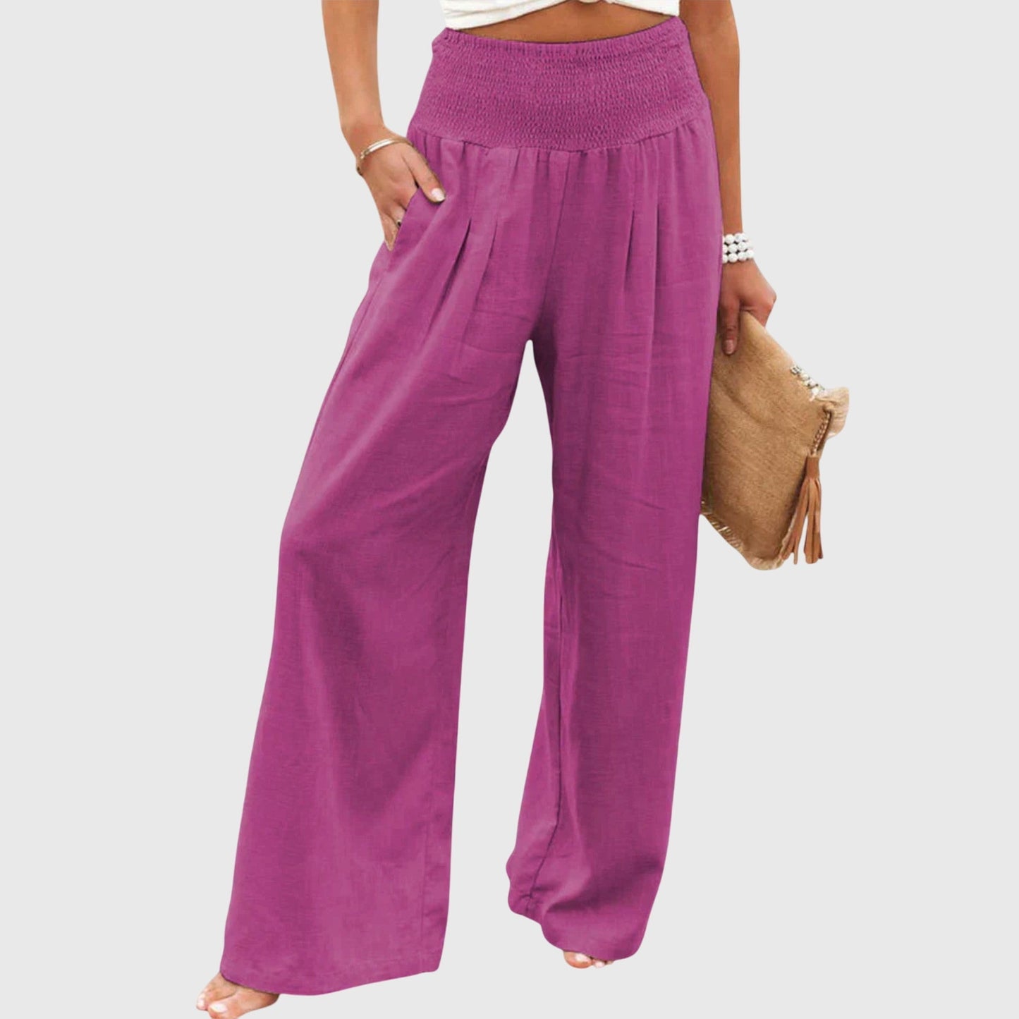 Effortless Black Linen Wide Leg Pants for Women with High Waisted Smocked Waist Relaxed Flowing Casual Style