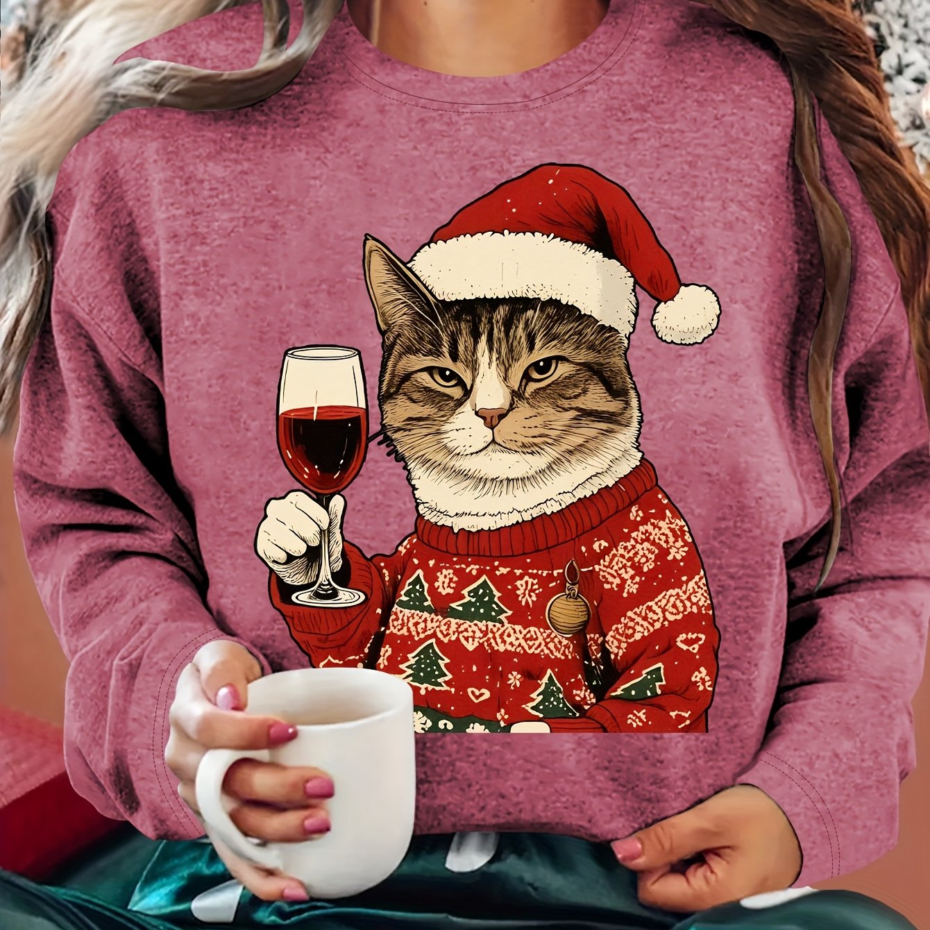 Comfortable Cat Graphic Christmas Tacky Sweater for Women with Crew Neck Long Sleeve Pullover Holiday Style