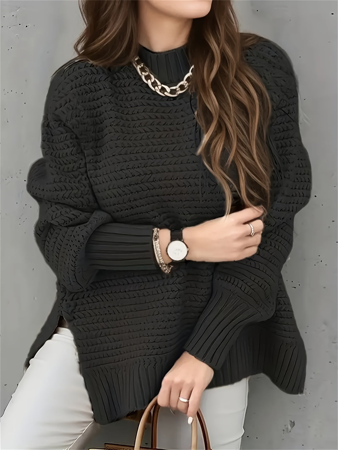 Comfortable Textured Knit Sweater for Women with Mock Neck Long Sleeve Ribbed Cuff Relaxed Oversized Style