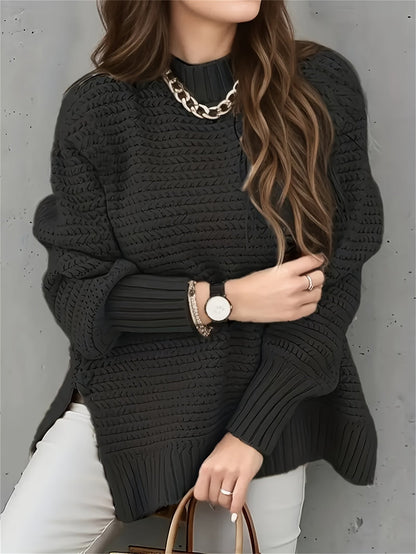 Comfortable Textured Knit Sweater for Women with Mock Neck Long Sleeve Ribbed Cuff Relaxed Oversized Style