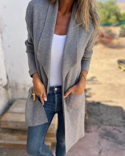 Effortless Fleece Jacket for Women with Waterfall Collar Long Sleeve Open Front Longline Style