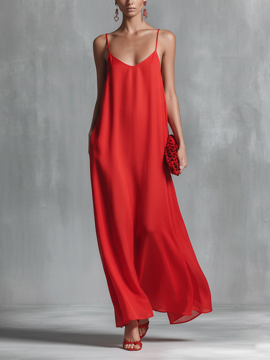 Effortless Red Dress for Women with V Neck Spaghetti Strap Loose Chiffon Flowing Casual Maxi Style