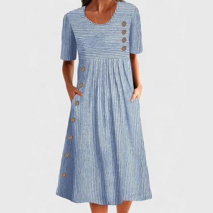 Comfortable Striped Midi Dress for Women with Short Sleeve Button Detail Side Pockets Casual Style